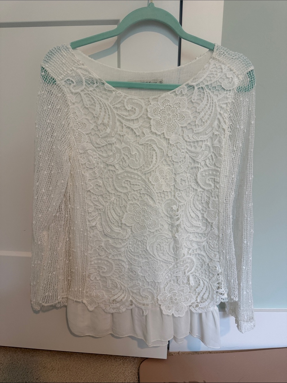 Italian White Lace Long Sleeve Blouse with Attached Liner & Subtle Sequin Detail